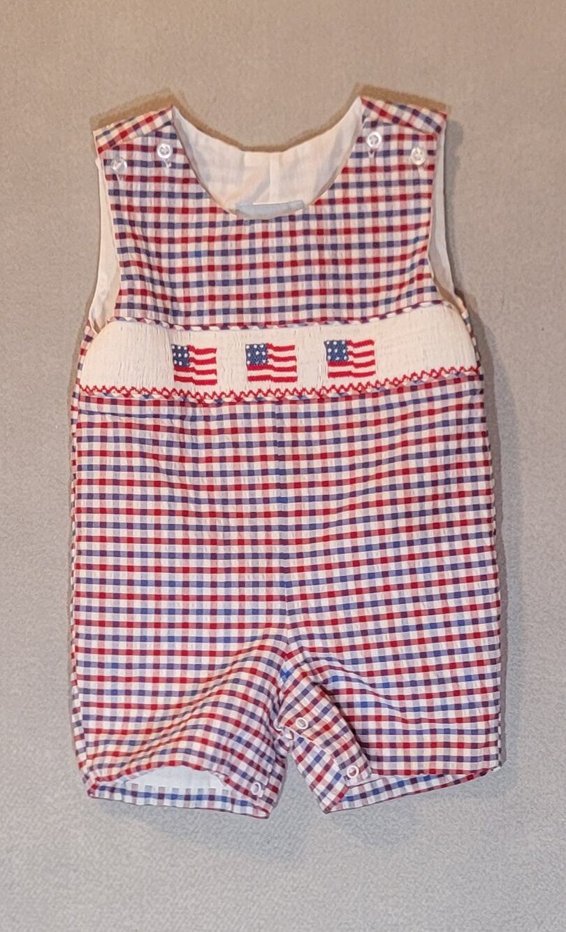 Charming Little One Red White Blue Liam Smocked American Flag Shortall 24M